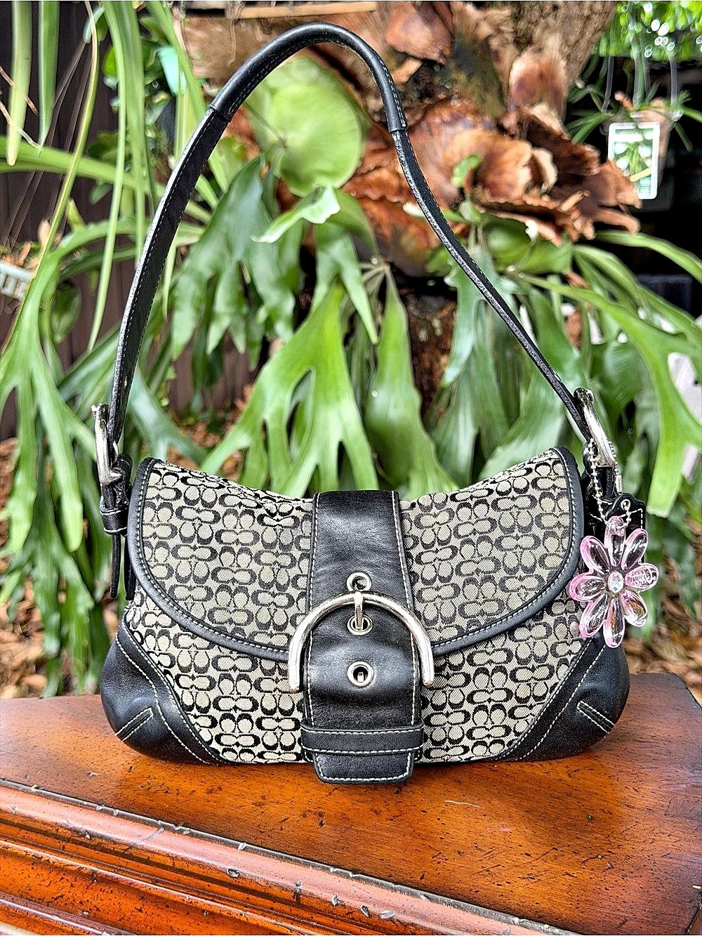 Vintage Coach Soho Signature Buckle Flap Shoulder Bag in Black & Grey–Style 6818